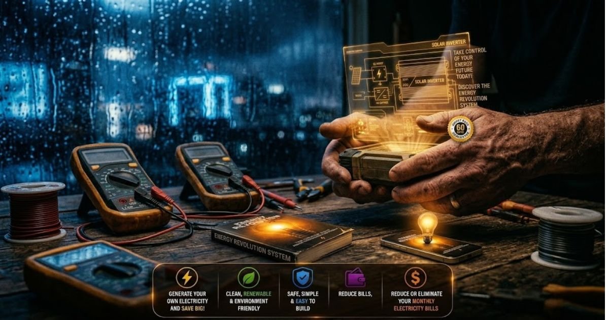 Energy Revolution System Review showing DIY solar blueprints, inverter, and battery setup on a workbench